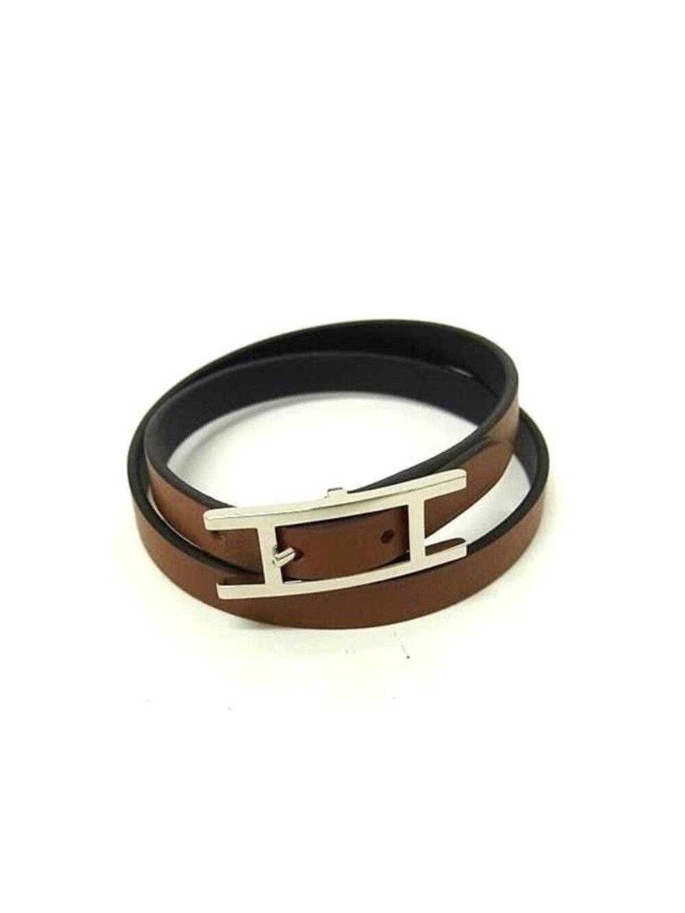 Hermes Behapi Double Tour Leather Reversible Silver Bracelet